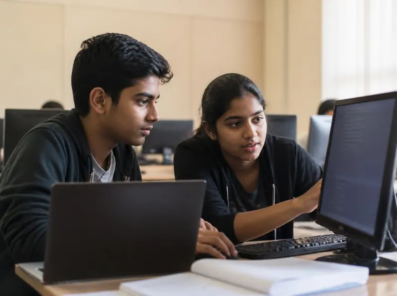Two students writing code together on a laptop and a desktop computer
