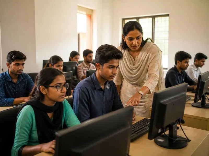 Students at computers in a classroom while a teacher helps one of them