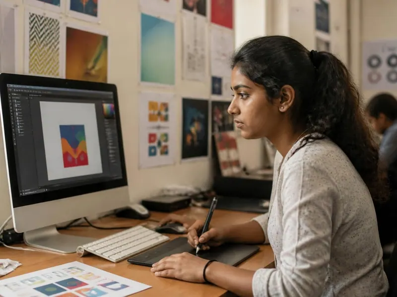 A student designing a poster layout on a computer with a graphics tablet, sample prints on the wall behind