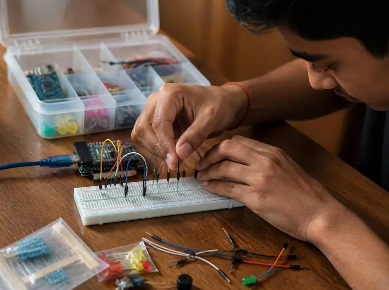 A student wiring a breadboard circuit with jumper wires beside a box of electronic components