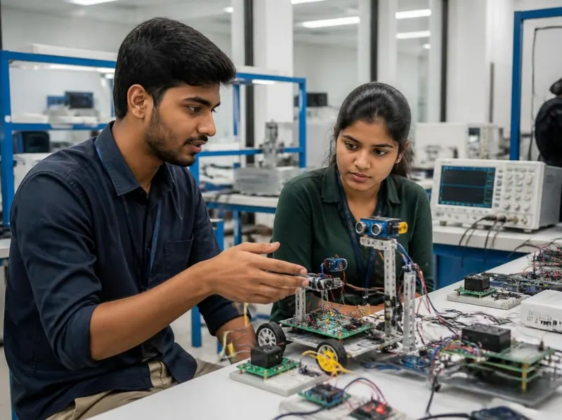 Two engineering students discussing a robotics prototype with sensors in an electronics lab