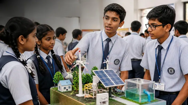 School students in uniform discussing a renewable energy working model with a windmill and a solar panel