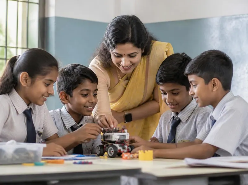 A teacher helping school children assemble and test a small wheeled robot