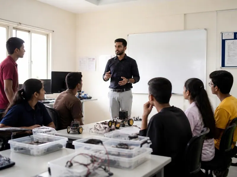 An instructor teaching a class of students seated with robotics kits and computers